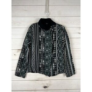 Sacred Threads Jacket Womens Large Black Green Geometric Knit Boho Zip Lined